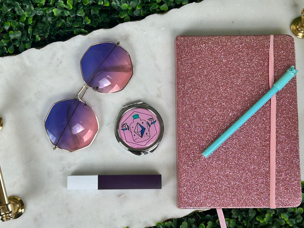 Apothecary Logo Compact Mirror: Silver Metal Handbag Mirror