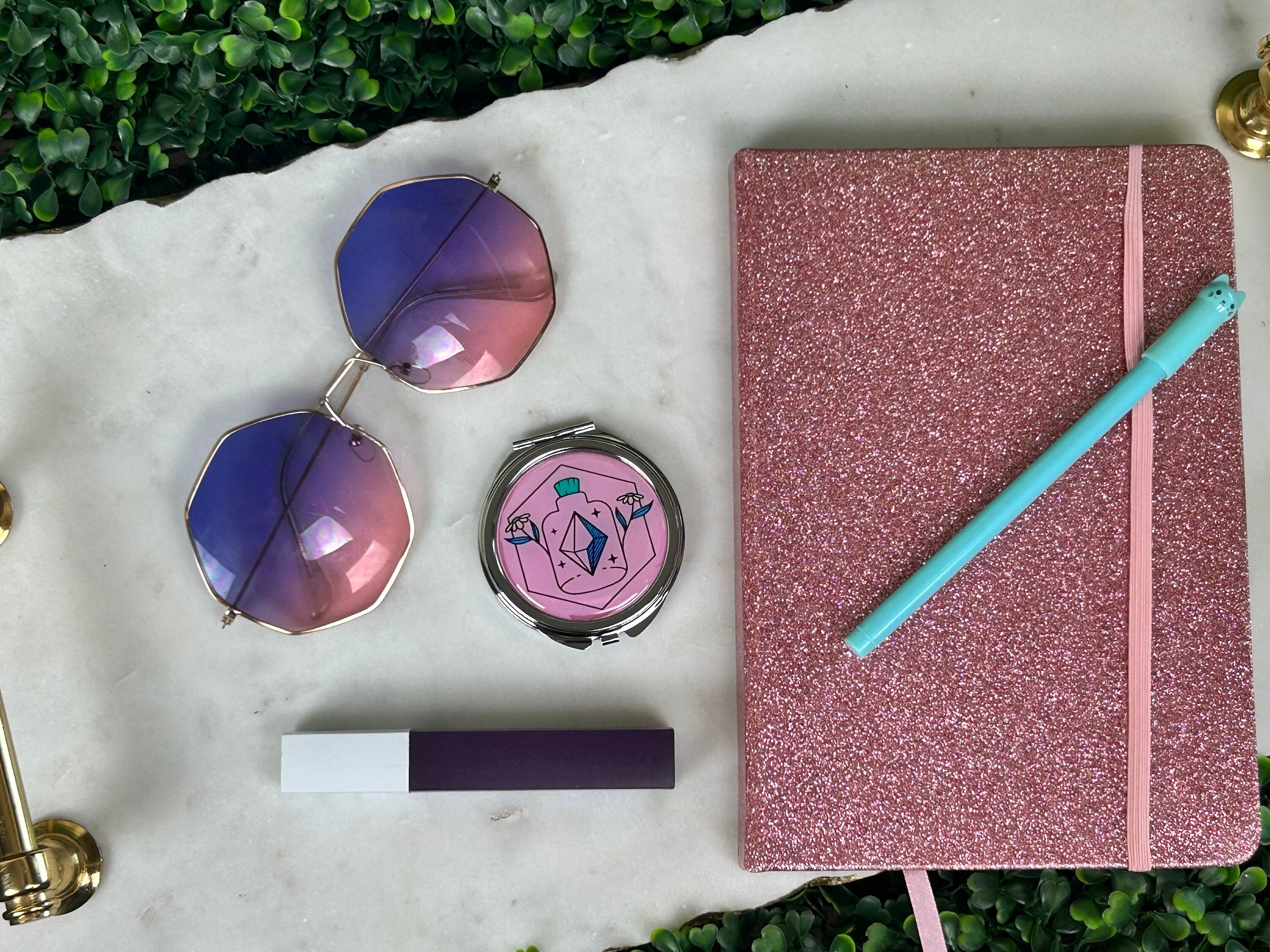 Apothecary Logo Compact Mirror: Silver Metal Handbag Mirror