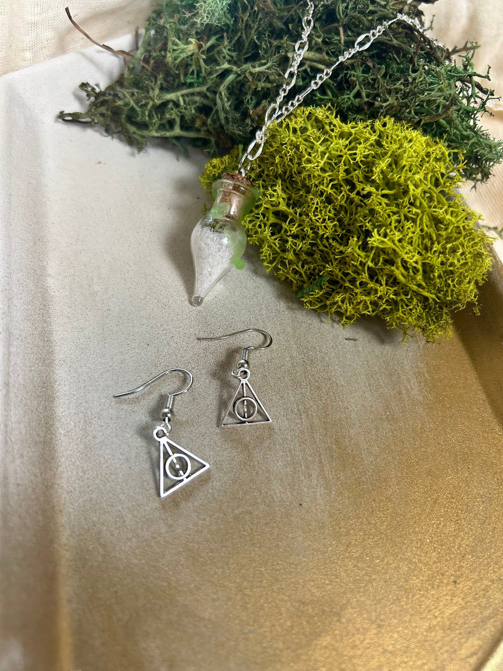 Good luck potion spell necklace and deathly earrings , Wizard jewelry , spells , hollows, magic accessories