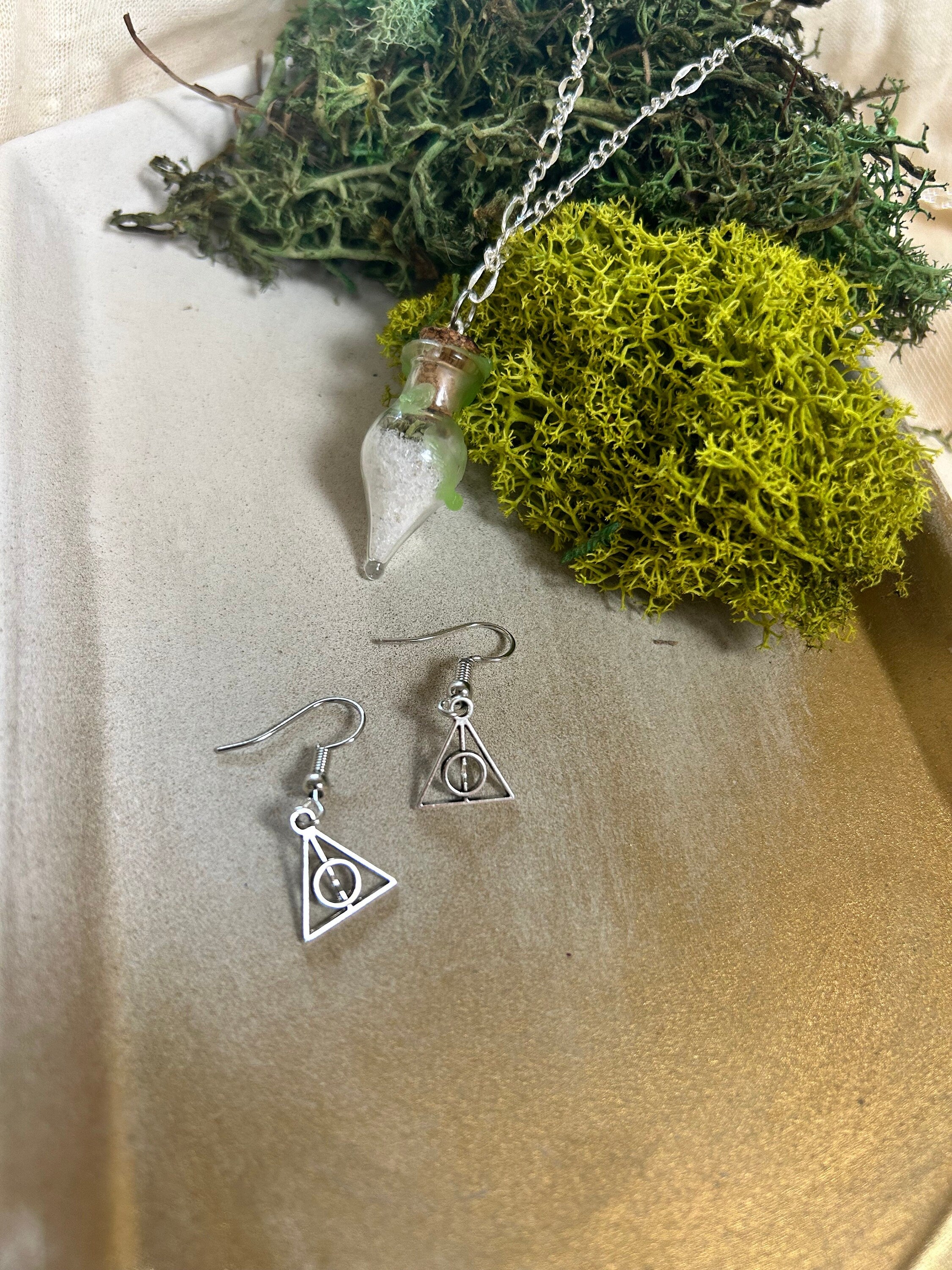 Good luck potion spell necklace and deathly earrings , Wizard jewelry , spells , hollows, magic accessories