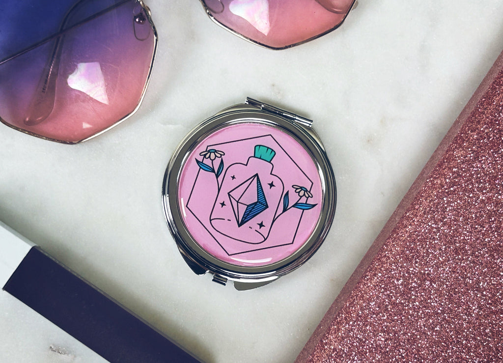 Apothecary Logo Compact Mirror: Silver Metal Handbag Mirror