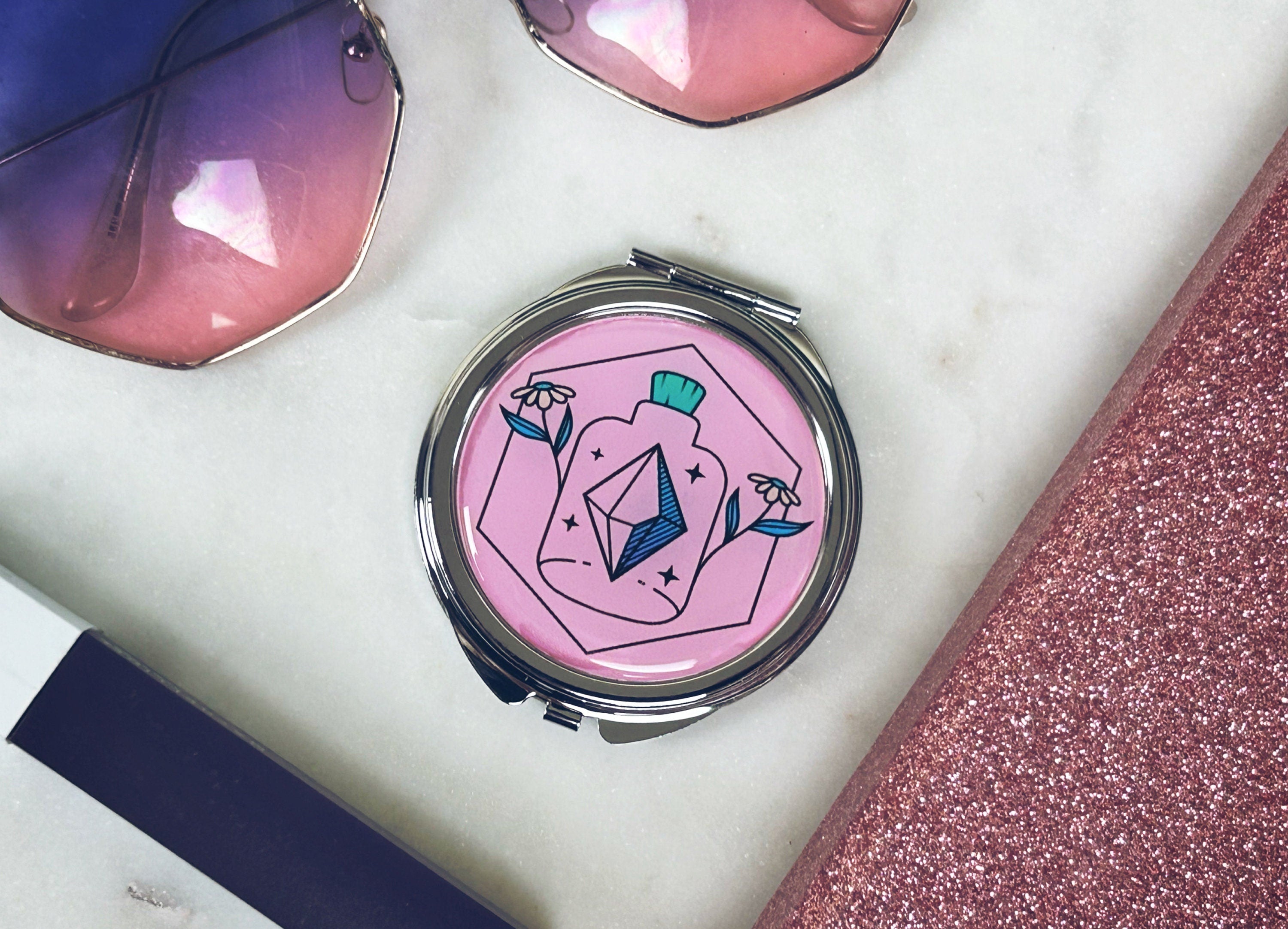 Apothecary Logo Compact Mirror: Silver Metal Handbag Mirror