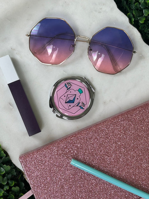 Apothecary Logo Compact Mirror: Silver Metal Handbag Mirror