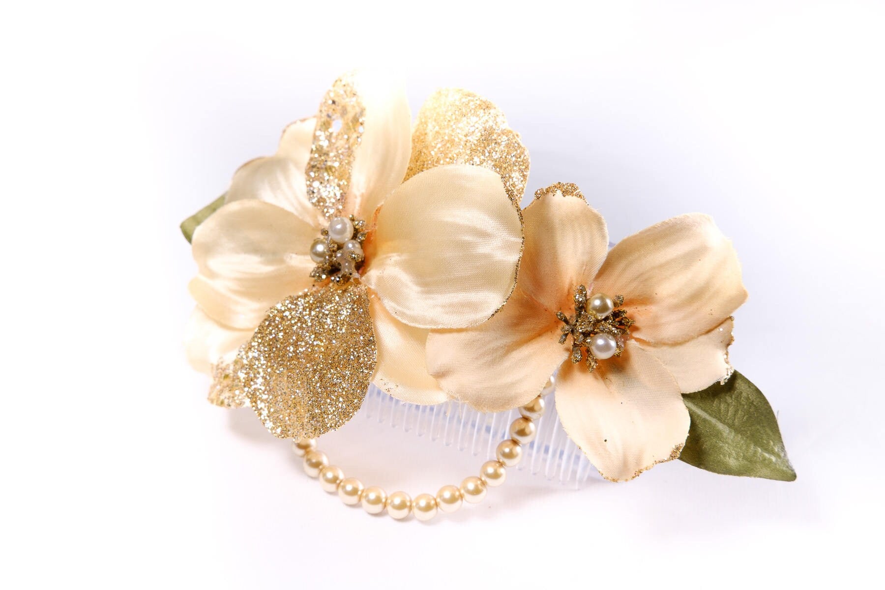 Cream Double Glitter Flower Hair Comb with Pearls