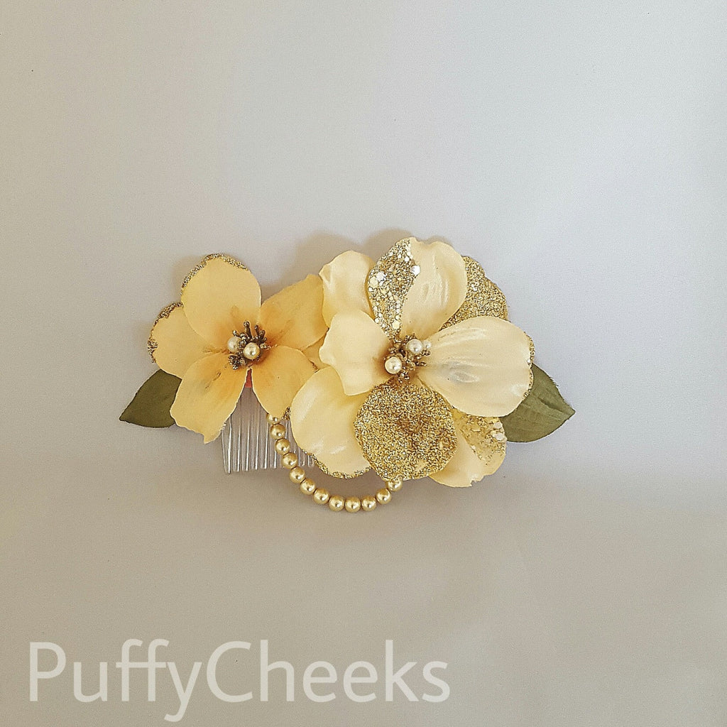 Cream Double Glitter Flower Hair Comb with Pearls