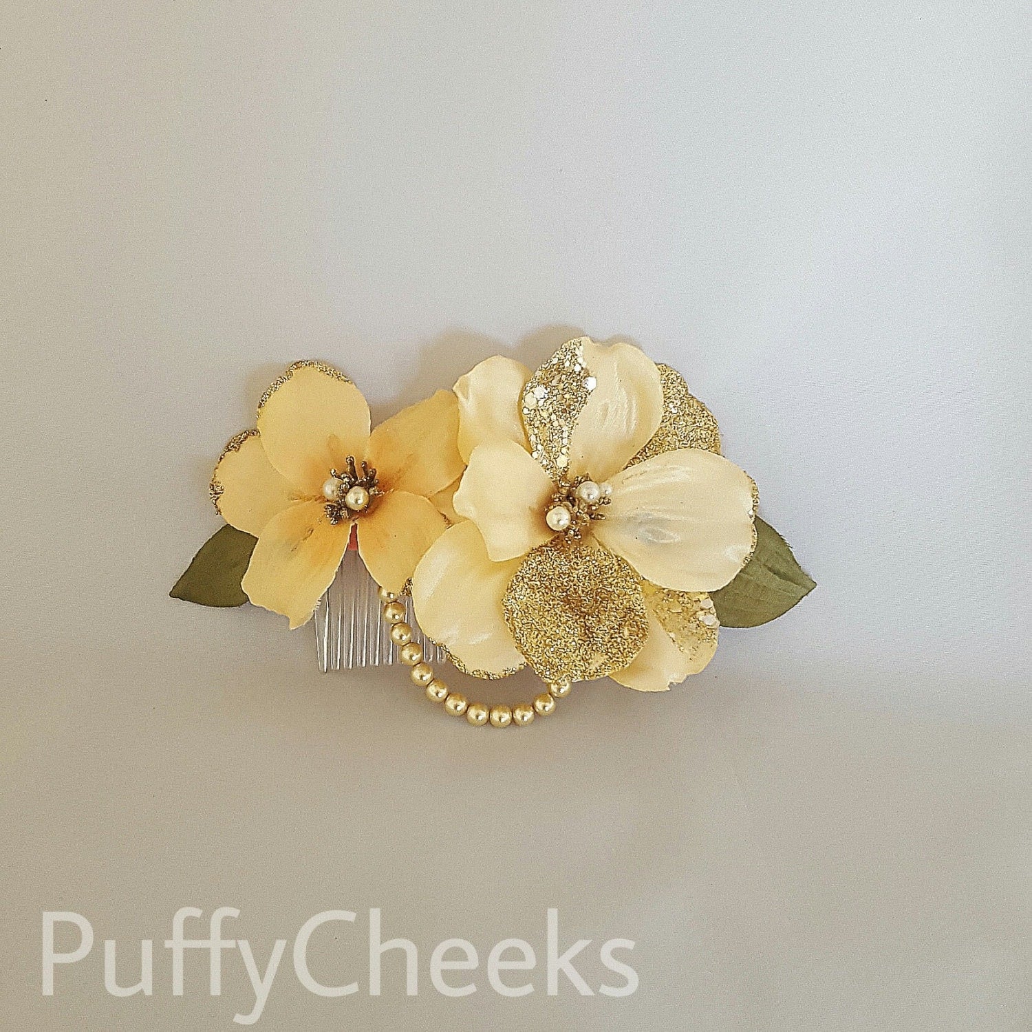 Cream Double Glitter Flower Hair Comb with Pearls